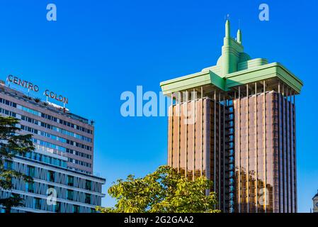 Columbus Towers or Torres de Colón is a highrise office building composed of twin towers located at the Plaza de Colón in Madrid. The building constru Stock Photo