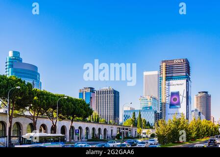 Skyscrapers of the AZCA complex. AZCA is a financial district in Madrid, Spain. The business district, which is located on the northern edge of the ci Stock Photo