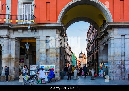 Plaza Mayor, Main square, entrance arch from Calle Toledo - Toledo street. The Plaza Mayor, Main Square, is a major public space in the heart of Madri Stock Photo