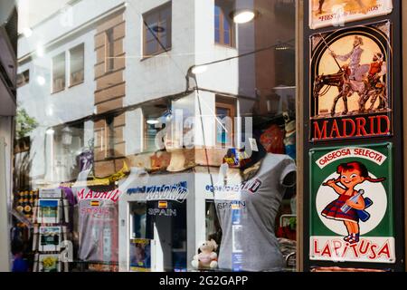 Reflections in the souvenir shop window. Madrid, Comunidad de madrid, Spain, Europe Stock Photo