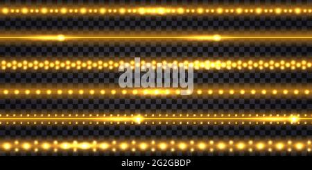 LED light garlands with neon glow effect, glitter light  Set of lines, illuminated strips and waves,  isolated tapes on transparent background. Vector Stock Vector