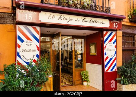 Traditional barber shop, El quince de Cuchilleros. Madrid, Comunidad de Madrid, Spain, Europe Stock Photo