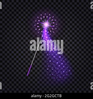 Magic wand with glowing effect, star and glitter sparkles. Isolated element for game or cartoon on transparent background. Vector illustration Stock Vector