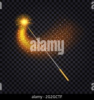 Magic wand isolated with fire trail and  glowing star dust and sparkles.Element for fantasy game design on transparent background. Vector illustration Stock Vector