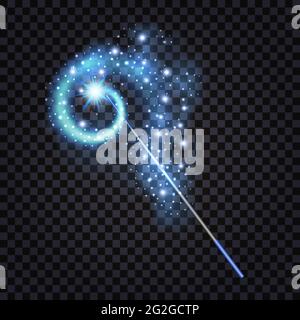 Magic wand isolated with shiny sparkles and blue light effect on transparent background. Vector illustration Stock Vector