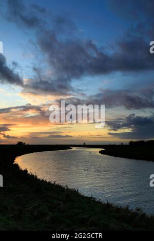 Sunset over the river Welland near Crowland town, Lincolnshire; England, UK Stock Photo