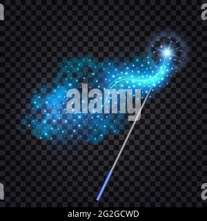 Magic wandwith fantasy light effect. Magic blue glowing light and sparkles, star dust trail. Isolated object on transparent background, vector illustr Stock Vector