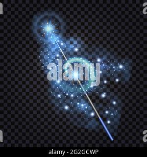 Magic wand with fantasy light glowing effect, shimmer sparkles and  star dust, blue shine flare. Isolated design element, abstract vector illustration Stock Vector