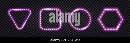 LED light frames with neon glow and glitter sparkles. Set of borders with luminous effect. Triangle, square, circle, hexagon.Isolated frames on transp Stock Vector