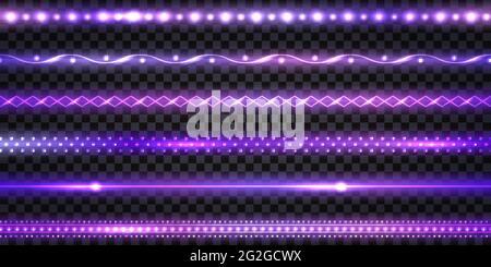 Purple LED strips and garlands with neon glowing effect and glitter light. Luminous shiny border string  tapes, isolated on transparent background. Ve Stock Vector