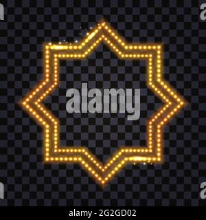 LED light frame border with neon glowing effect and sparks. Shiny golden luminous star..Christmas or party decoration design, isolated on transparent Stock Vector