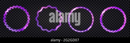 LED glowing frames with purple neon light effect. Luminous shiny borders, round shape garlands, isolated on dark transparent background. Disco design, Stock Vector