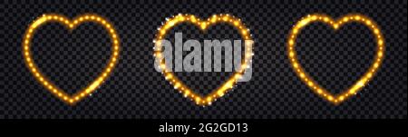 Neon LED frames with golden lglowing light effect. Luminous borders, illuminated garlands for night decoration, heart for Valentine's day. Set of isol Stock Vector