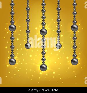 Golden background with threads of black pearls. Luxurious design with gold glowing effect and shiny sparkles. Vector illustration Stock Vector