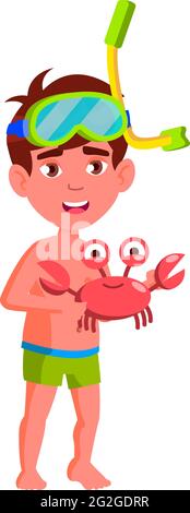 funny little boy catching crab in ocean cartoon vector Stock Vector