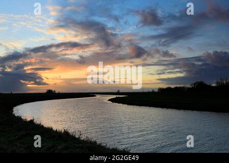 Sunset over the river Welland near Crowland town, Lincolnshire; England, UK Stock Photo