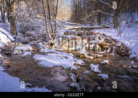 Lillachquelle in winter, Franconian Switzerland, Franconia, Bavaria Stock Photo