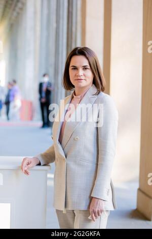 Berlin, Germany. 11th June, 2021. Svetlana Tikhanovskaya, opposition leader of Belarus, stands during a meeting with Minister of State for Culture Grütters on the Berlinale festival grounds on Museum Island. Credit: Christoph Soeder/dpa Pool/dpa/Alamy Live News Stock Photo