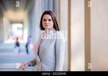 Berlin, Germany. 11th June, 2021. Svetlana Tikhanovskaya, opposition leader of Belarus, stands during a meeting with Minister of State for Culture Grütters on the Berlinale festival grounds on Museum Island. Credit: Christoph Soeder/dpa Pool/dpa/Alamy Live News Stock Photo