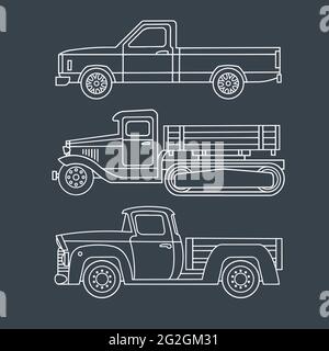 Set of vintage trucks. Linear drawing on a dark background. Blueprint. Vector illustration Stock Vector