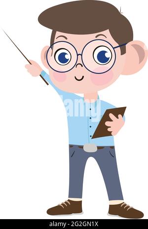 A Cute and Adorable Child Character in Cartoon Style. Kindergarten Preschool kid Dressed as college professor. Small Kid pointing towards blackboard. Stock Vector