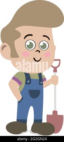 A Cute and Adorable Child Character in Cartoon Style. Kindergarten Preschool Kid Dressed as Professional Farmer. Small Kid with shovel in hand. Stock Vector