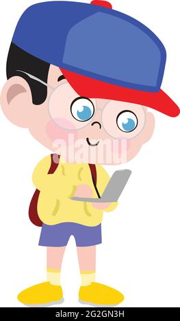 A Cute and Adorable Child Character in Cartoon Style. Kindergarten Preschool kid Dressed as school kid. Small Kid typing on laptop.  Dream job. Stock Vector