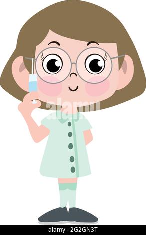 A Cute and Adorable Child Character in Cartoon Style. Kindergarten Preschool Kid Dressed as Professional Nurse. Small Girl Kid holding syringe. Stock Vector