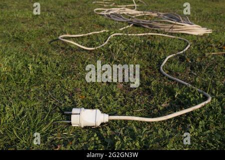 Garden electrical extension cord lies on green grass. Stock Photo