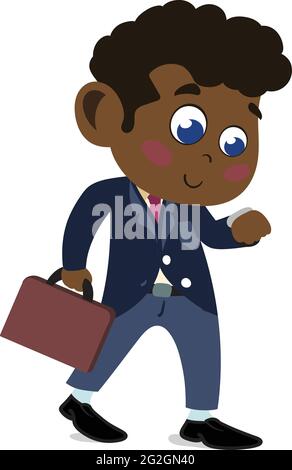 A Cute Child Character in Cartoon Style. Kindergarten Preschool Kid Dressed as Professional Businessman. Small Black Kid holding briefcase. Dream Job. Stock Vector