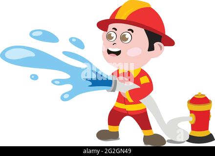 A Cute and Adorable Child Character in Cartoon Style. Kindergarten Preschool Kid Dressed as Professional Firefighter. Small Kid with firehose throwing Stock Vector