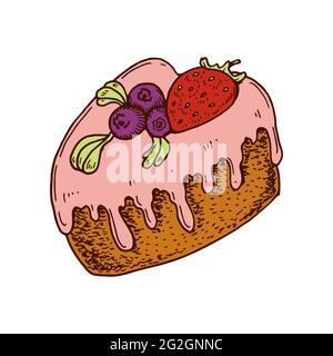 Hand drawn cake in heart shape with strawberry. Vector illustration. Valentines day design element Stock Vector