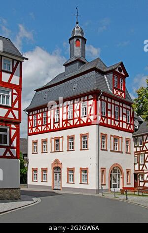 Old Town Hall, built in 1724, half-timbered houses, Dillenburg, Hesse, Germany Stock Photo