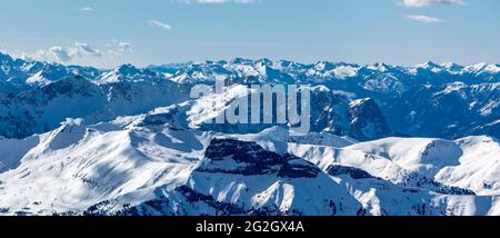 Panorama, ski area Sella Brunech, 2490 m, behind San Pellegrino, view from the Sass Pordoi viewing terrace to the Dolomite mountains, Pordoi Pass, Sellaronda, South Tyrol, Alto Adige, Dolomites, Italy, Europe Stock Photo