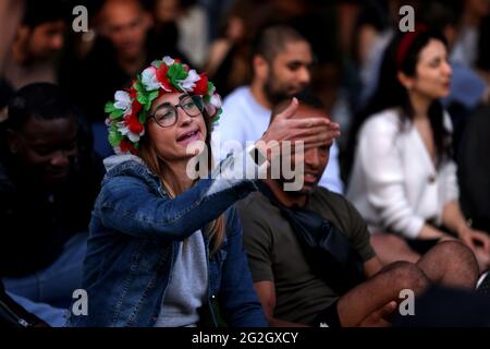 Fans at Potters Fields Park as they watch the UEFA Euro 2020 Group A opening match between Turkey and Italy held at the Stadio Olimpico, Italy. Picture date: Friday June 11, 2021. Stock Photo