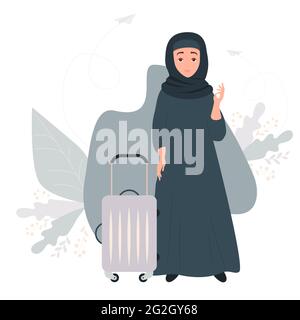 Beautiful Muslim woman in hijab travels with a suitcase on wheels. Stands in full growth on a decorative background with tropical leaves. Vector illus Stock Vector