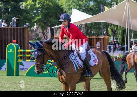 Rome, Italy - 30th May, 2021: Laura Kraut (USA) onward Baloutinue celebrates her second place at the Rolex Grand Prix Rome at the 88th CSIO 5 * Master Stock Photo