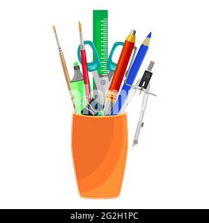 Pencils holder with school stationery isolated on white background.  Back to school. Office supply stationery and education. Stock vector illustration Stock Vector