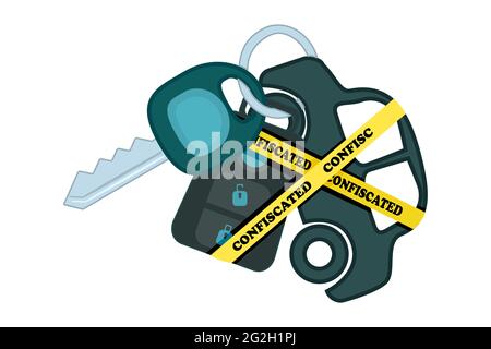 Car keyring and key with yellow warning tapes isolated on white background. Automobile is labelled as confiscated.Mortgage crisis. Vector illustration Stock Vector