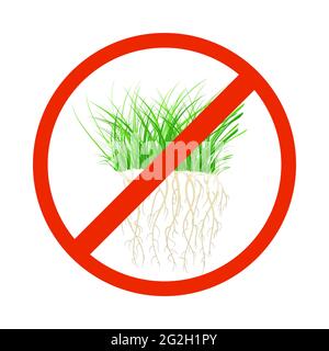 Weed control sign isolated on white background. Grass in round ban icon. Garden protection and maintenance. Weed removal equipment label. Stock vector Stock Vector