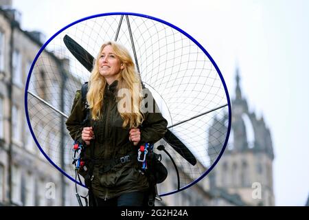 Sacha Dench with her Paramotor, Sacha is giving a talk at this years Edinburgh Science Festival Stock Photo