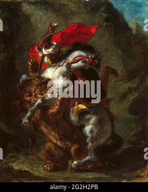 Eugène Delacroix -  Arab Horseman Attacked by a lion Stock Photo