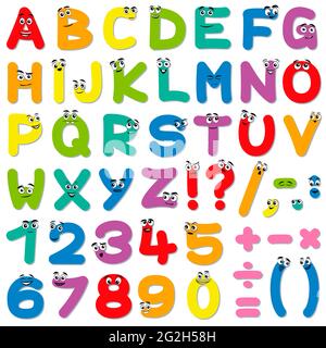Comic font, colorful funny alphabet with cute and happy faces on letters, numbers and symbols - illustration on white background. Stock Photo