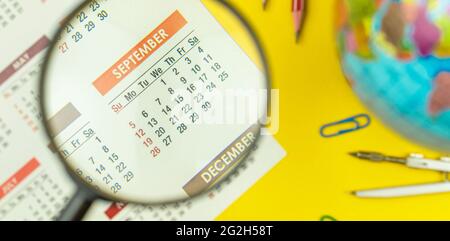 September calendar dates, school concept banner, background photo with school supplies Stock Photo