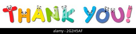 Thank you comic letters, with colorful happy and cute faces - illustration on white background. Stock Photo