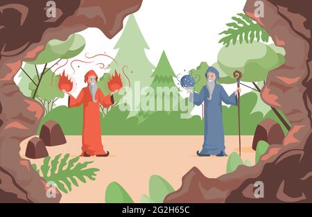 Wizards preparing to fight vector flat illustration. Old witch men in red and blue wizards robes holding fire balls and star ball. Magicians with long white beards and wooden sticks standing outdoor. Stock Vector