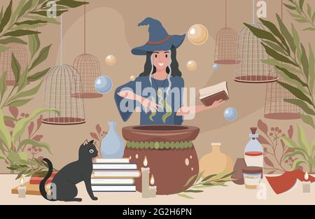 Happy smiling woman in witch hat and blue dress preparing magic poison using book vector flat illustration. Witch interior with cauldron, poison flasks, cages, and black cat. Happy Halloween concept. Stock Vector
