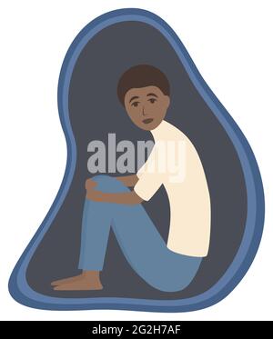 Frightened young  boy sits alone hiding from the world. Mental illness and disorder . Need help Mental health concept Isolated vector illustration on