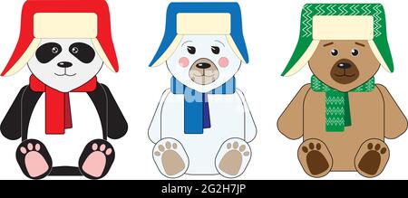 Three cute teddy bears: teddy, panda and polar bear, sitting in hats with earflaps and scarves Stock Vector