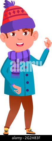 boy kid wearing winter season clothing walking on street cartoon vector Stock Vector
